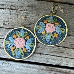 Grey Floral Cross Stitch Embroidered Gold Earrings